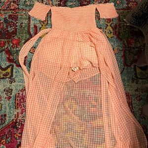 Peach off the shoulder maxi romper
